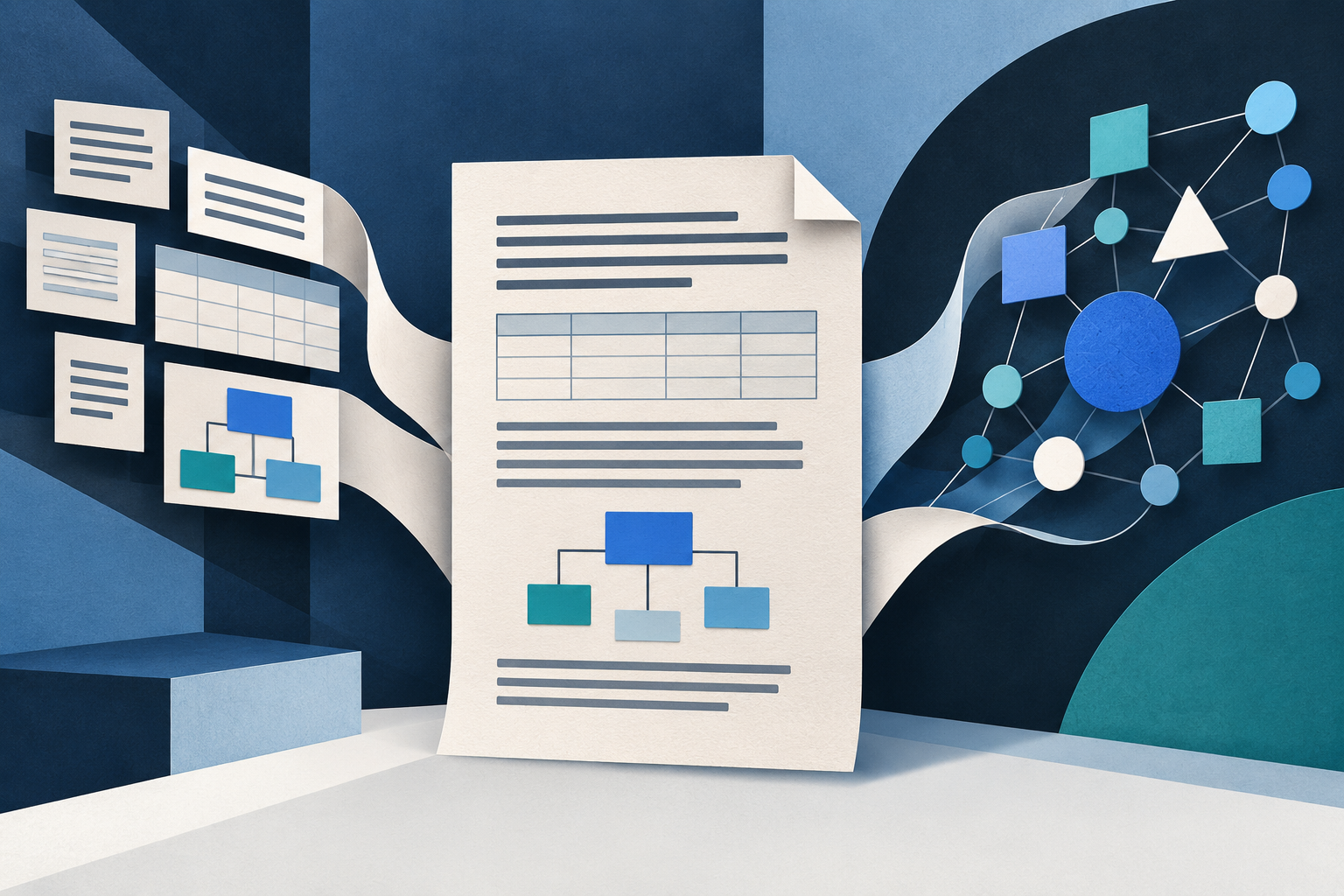 Conceptual illustration of source documents containing text, tables and diagrams connecting to structured knowledge.